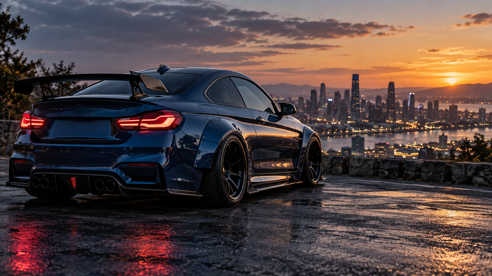 Modified performance car overlooking a city at sunset