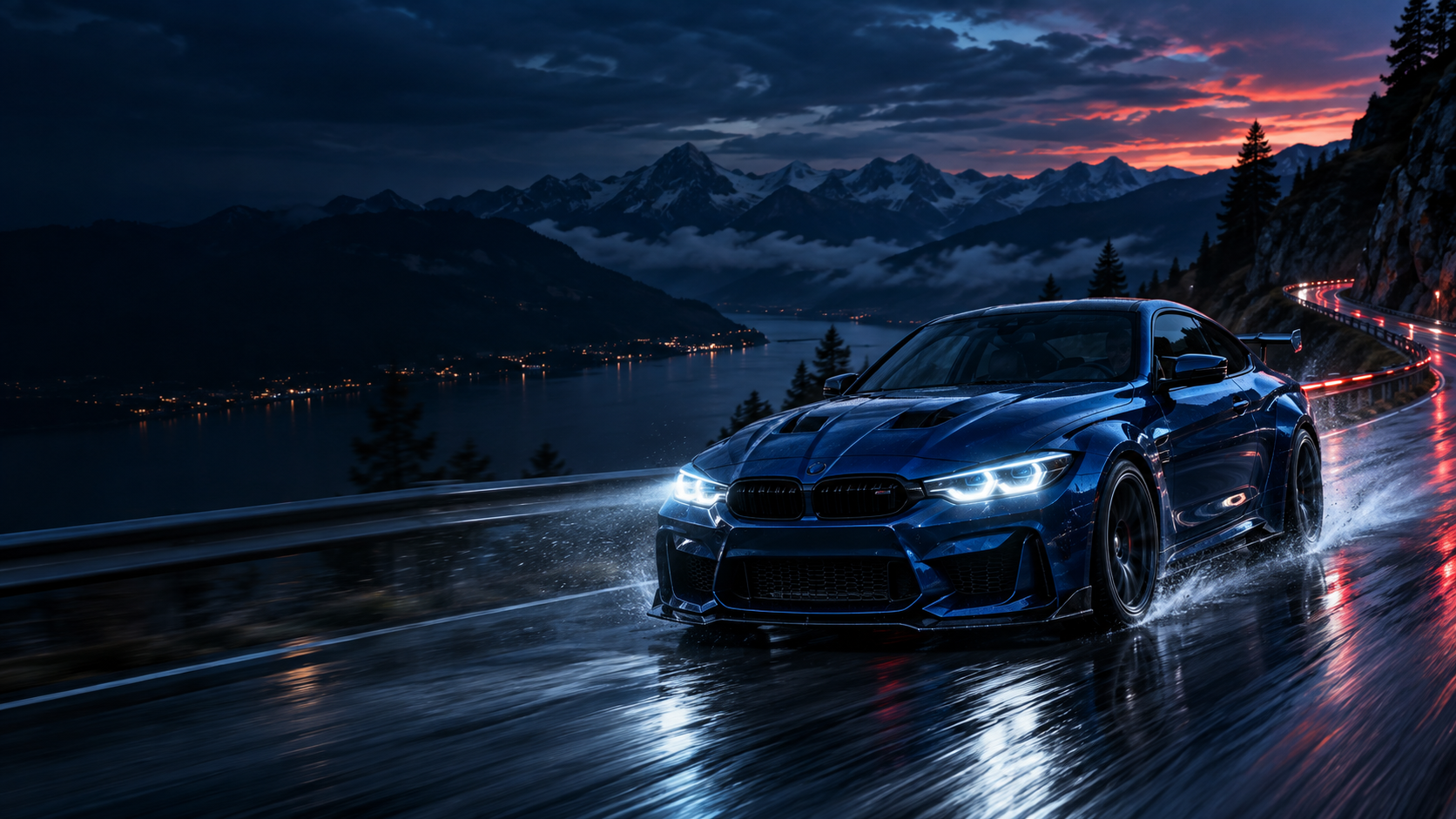 Blue modified performance car driving through a wet mountain road